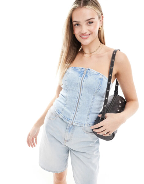 Tommy Jeans Denim Strapless Bustier Top in Blue Grey