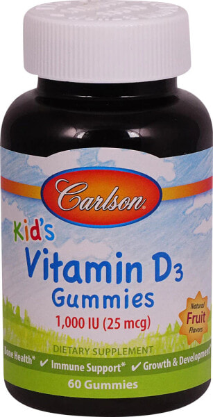 Carlson Kid's Vitamin D3 Gummies Natural Fruit  Детский витамин Д3 25 мкг (1000 МЕ) с натуральным фруктовым вкусом 60 жевательных мармеладок
