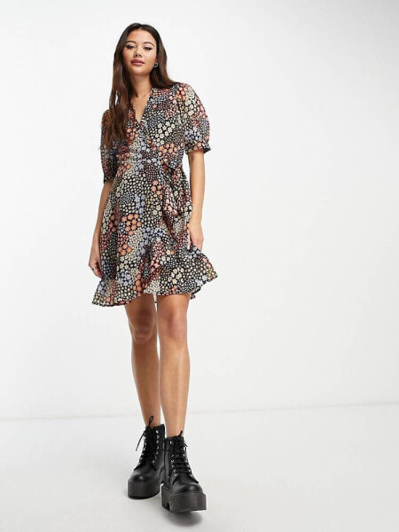 Wednesday's Girl ruffle detail mini tea dress in patchwork ditsy 