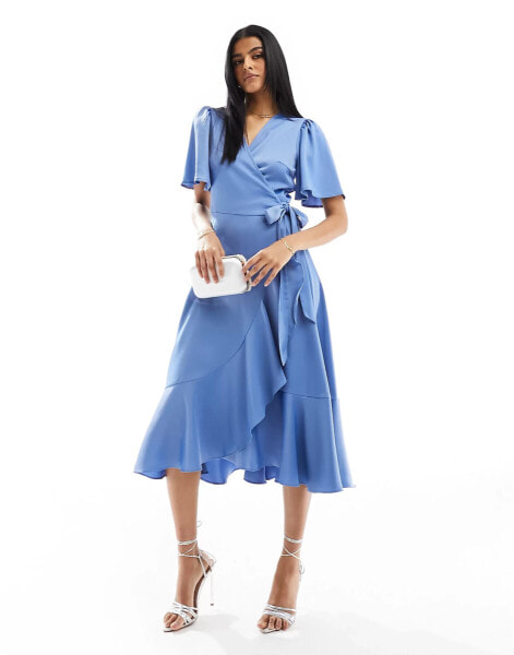 YAS Bridesmaid satin wrap midi dress in blue - MBLUE