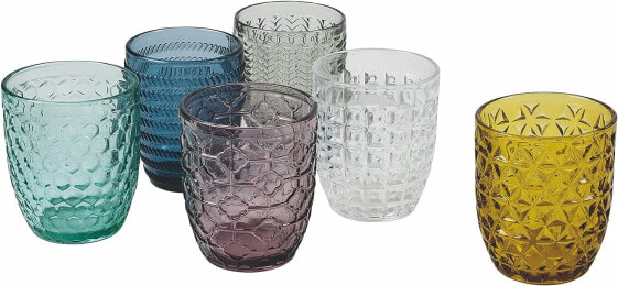 Villa d'Este Home Tivoli Geometry Water Glasses, Coloured Glass with Relief Finish, 240 ml, Pack of 6, Multi-Colour