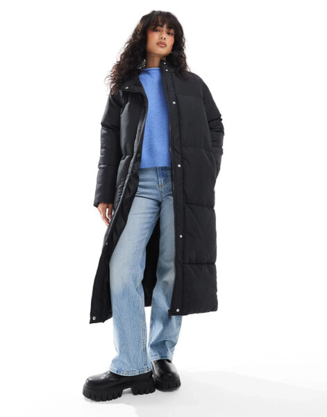 Threadbare maxi puffer coat with hood in black