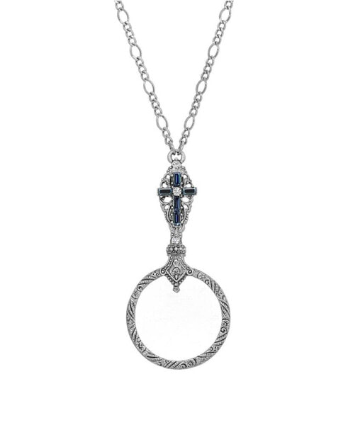 Pewter Dark Blue Crystal Cross Magnifier Necklace