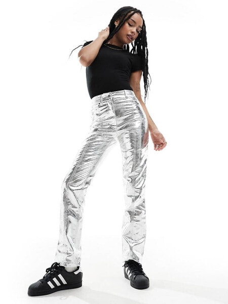 River Island Petite straight leg trouser in silver metallic