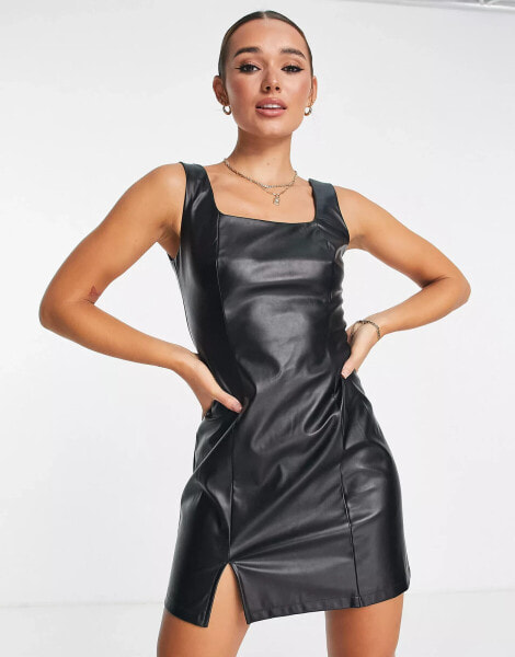 Urban Threads square neck faux leather mini dress in black