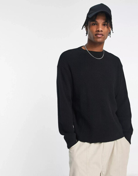 River Island waffle crew neck jumper in black