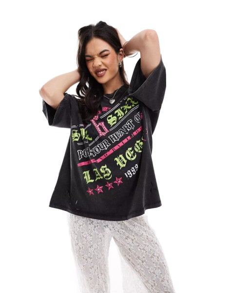 ASOS DESIGN boyfriend fit t-shirt with pink and green las vegas graphic in washed charcoal