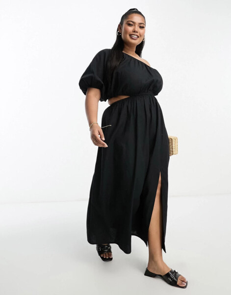 ASOS DESIGN Curve – Leinen-Midikleid in Schwarz mit One-Shoulder-Träger