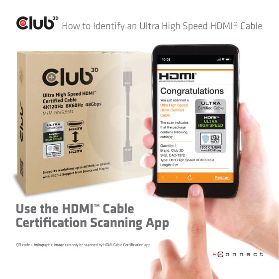 Club 3D Ultra High Speed HDMI 4K120Hz, 8K60Hz Cable 48Gbps M/M 3 m/ 9.84ft, HDMI, HDMI, 3 m, Black