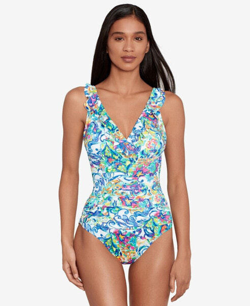 Women's Printed Ruffle Surplice Underwire One-Piece Swimsuit