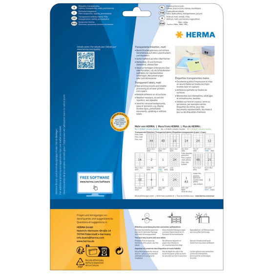 HERMA Labels transparent matt A4 210x297 mm film 25 pcs. - Transparent - Self-adhesive printer label - A4 - Laser - Permanent - Matte