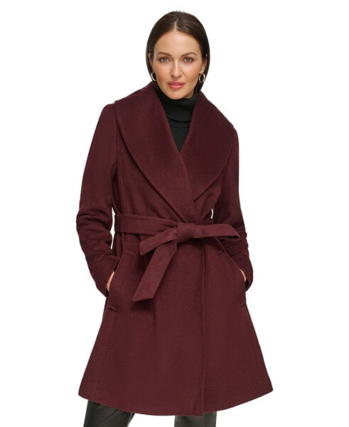 Women's Shawl-Collar Wool Blend Wrap Coat