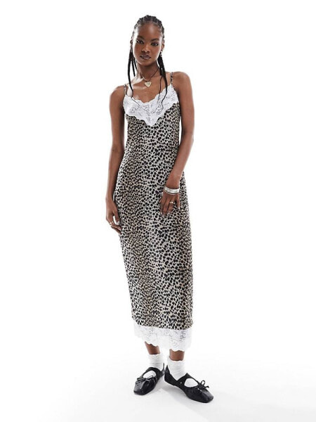 Reclaimed Vintage lace trim slip dress in leopard print