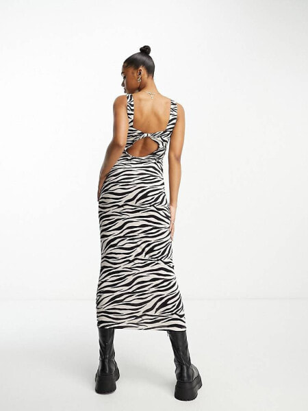 Miss Selfridge twist back scoop midi dress in zebra print 