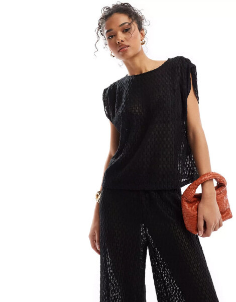 Vero Moda pull on sheer textured top co-ord in black