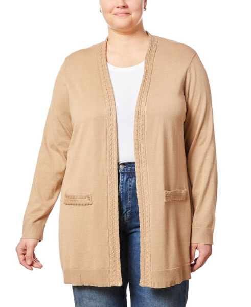 Plus Size Cable-Knit-Trim Open-Front Cardigan