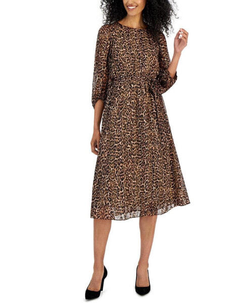 Women's Animal-Print Puff-Sleeve Tie-Waist Midi Dress