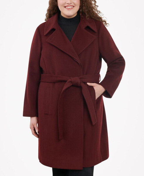 Women's Plus Size Belted Notched-Collar Wrap Coat