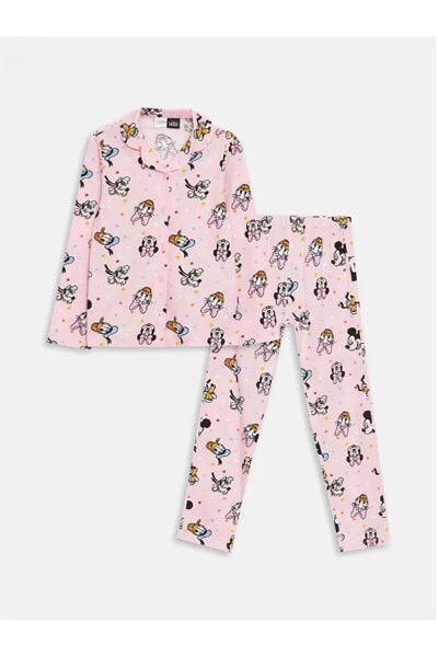 LCW Kids Gömlek Yaka Minnie Mouse Baskılı Uzun Kollu Kız Çocuk Pijama Takımı