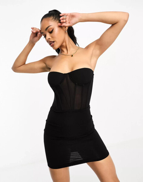 Heiress Beverly Hills premium boned corset mesh panel bodycon bandeau mini dress in black