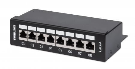 Intellinet Patch Panel - Cat6a - FTP - 8-Port - Desktop - Shielded - 90° Top-Entry Punch Down Blocks - Black - IEEE 802.3 - IEEE 802.3ab - IEEE 802.3u - 10/100/1000Base-T(X) - Gigabit Ethernet - 1000 Mbit/s - Gold - Cat6a