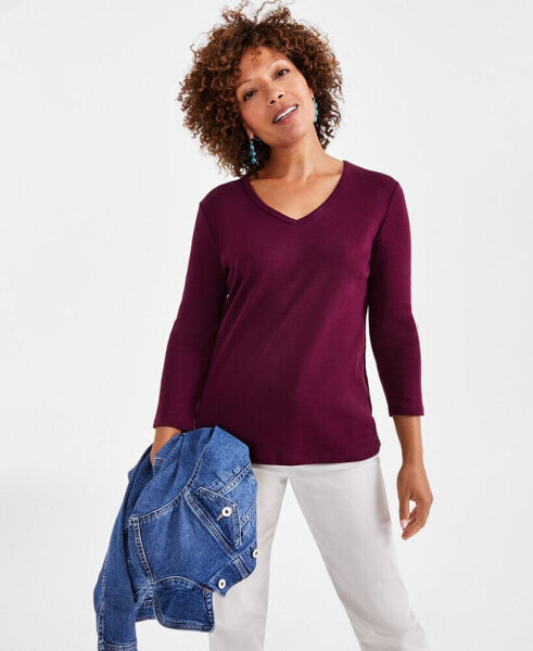 Women's Cotton 3/4-Sleeve V-Neck Tee, Created for Macy's