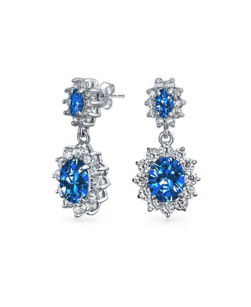 Crown Halo Oval Cubic Zirconia Small Simulated Blue Sapphire AAA CZ Fashion Dangle Drop Earrings For Prom Bridesmaid Wedding Rhodium Plated