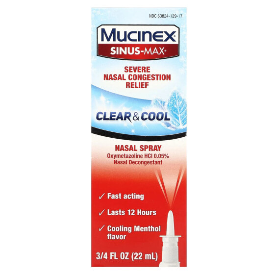 Противовирусный медикамент Mucinex Sinus-Max, Облегчение от заложенности носа, Прозрачный и прохладный, 0.75 унции (22 мл)