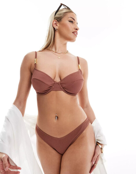 Ivory Rose ribbed high leg bikini bottom in brown