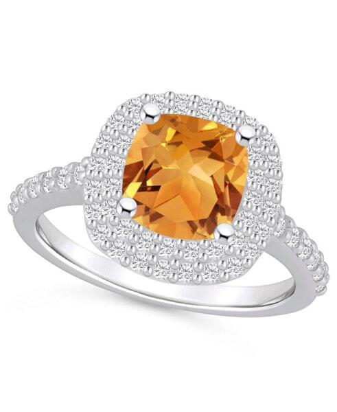 Citrine and Diamond Accent Halo Ring in 14K White Gold