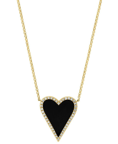 EFFY® Onyx & Diamond (1/5 ct. t.w.) Heart Halo Pendant Necklace in 14k Gold, 16" + 2" extender