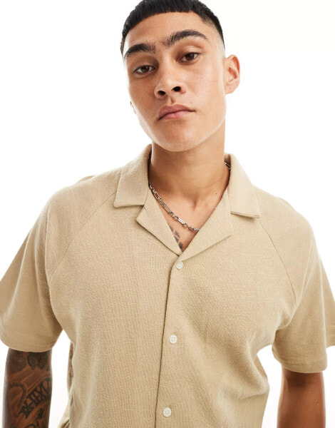 Jack & Jones oversized textured revere collar shirt in beige