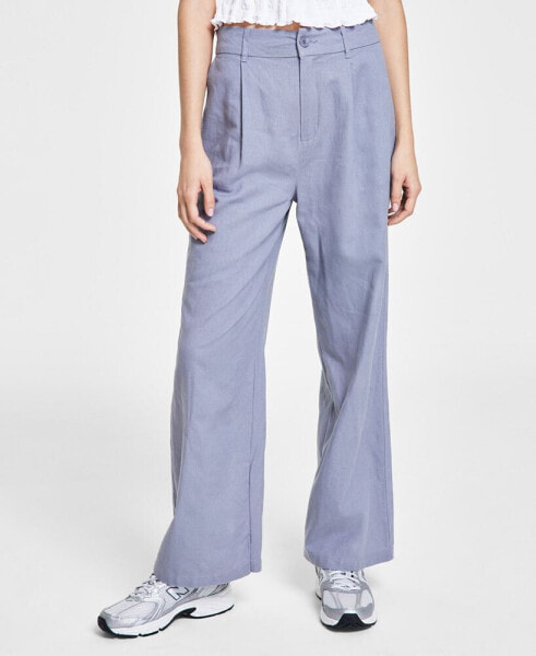 Juniors' High-Rise Linen Wide-Leg Pleat-Front Trouser Pants