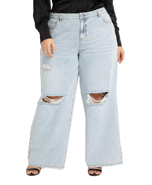 Plus Size Wide Leg Distressed Jeans - 14, Light Wash