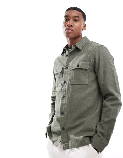 Threadbare long sleeve linen slub shirt with utlity pockets in khaki