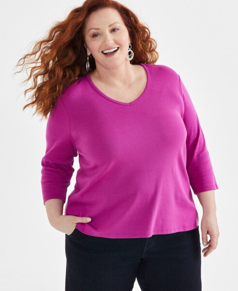 Style & Co Plus Size Cotton V-Neck 3/4-Sleeve Top, Created for