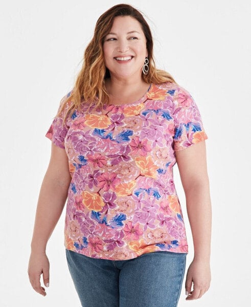 Plus Size Printed Scoop-Neck Knit Top, Created for Macy's
