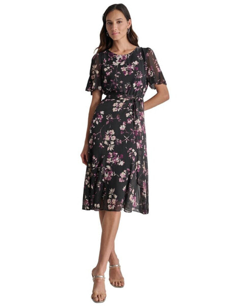 Women's Floral Flutter-Sleeve Belted Dress