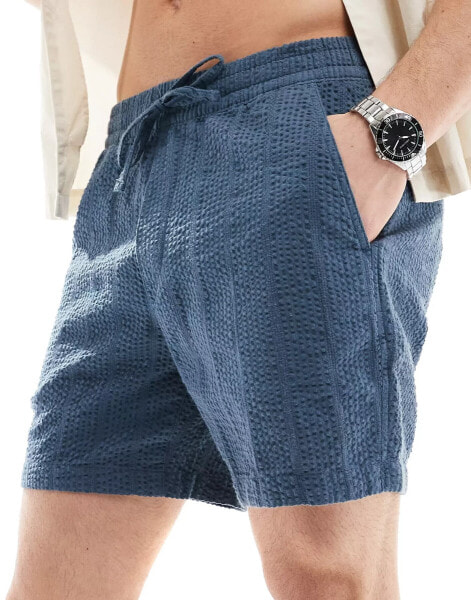 Abercrombie & Fitch 6inch pull on seersucker shorts in mid blue