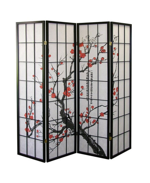 Black Japanese 4-Panel Screen Room Divider, Plum Blossom