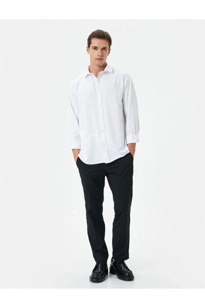 4sam60014hw 000 Beyaz Erkek Dokuma Pamuk Uzun Kollu Basic Gömlek