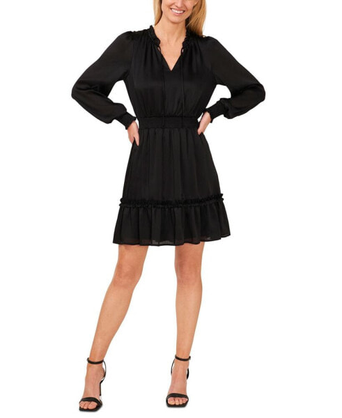 Women's Tie-Neck Long Sleeve Smocked Ruffled Hem Dress