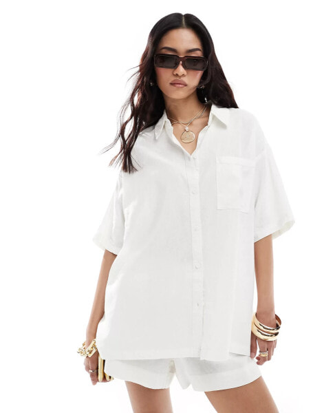 Cotton On relaxed oversized short sleeve shirt in linen look white