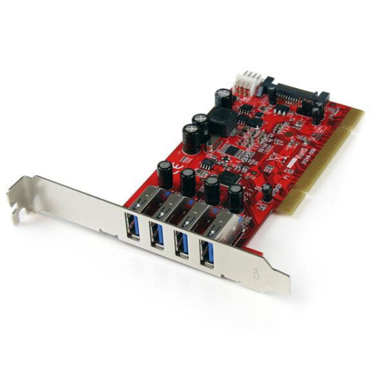 StarTech.com 4 Port PCI SuperSpeed USB 3.0 Adapter Card with SATA / SP4 Power - PCI - USB 3.2 Gen 1 (3.1 Gen 1) - Red - CE - FCC - TAA - REACH - Renesas/NEC - µPD720202 - 5 Gbit/s