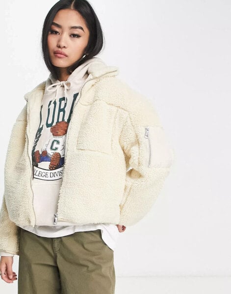 New Look borg zip through jacket in cream