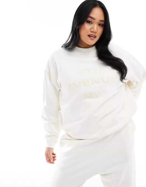 4th & Reckless Plus exclusive embossed boucle 4th Avenue NY logo sweatshirt co-ord in cream