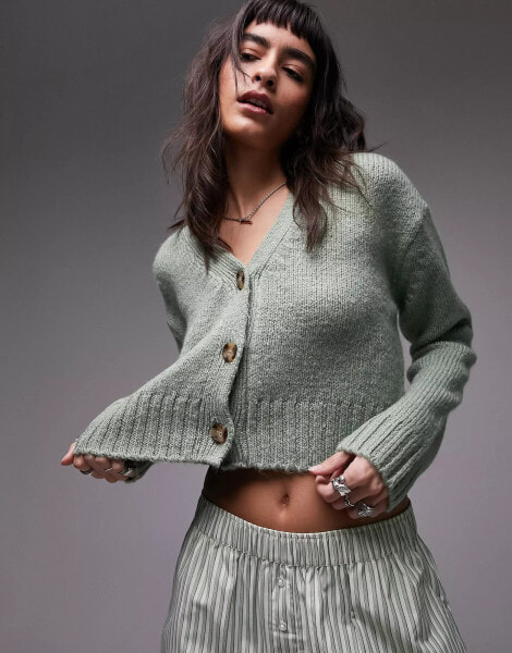 Topshop knitted v-neck cardigan in green