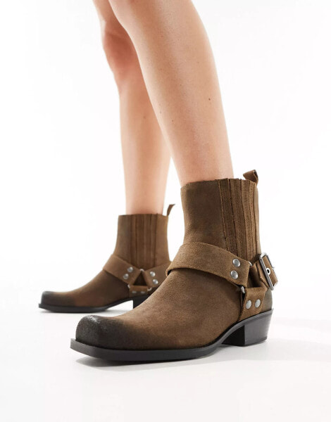 Pull&Bear – Braune Ankle-Boots mit seitlichen Schnallendetail