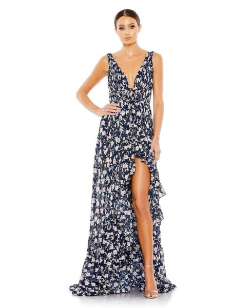 Women's Floral Print Sleeveless Ruffled High Low Gown
