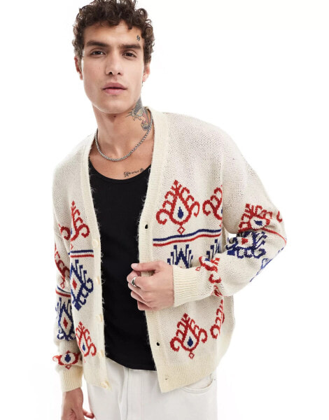 ASOS DESIGN knitted relaxed V-neck cardigan in red and blue paisley pattern